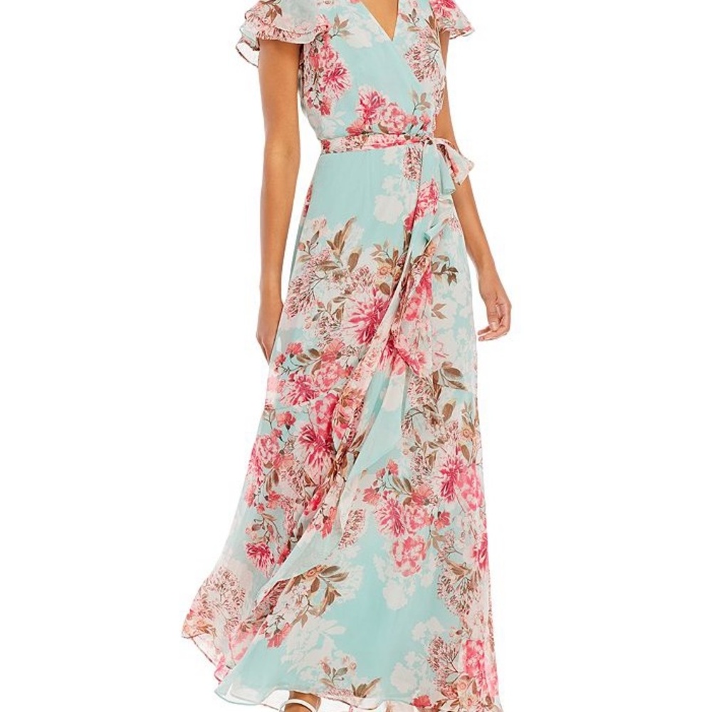 Eliza J Aqua Floral Maxi Dress with Pink Blooms